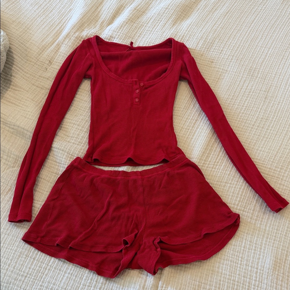Skims Waffle Henley Short and Long Sleeve Pajama Set Sz s in brick